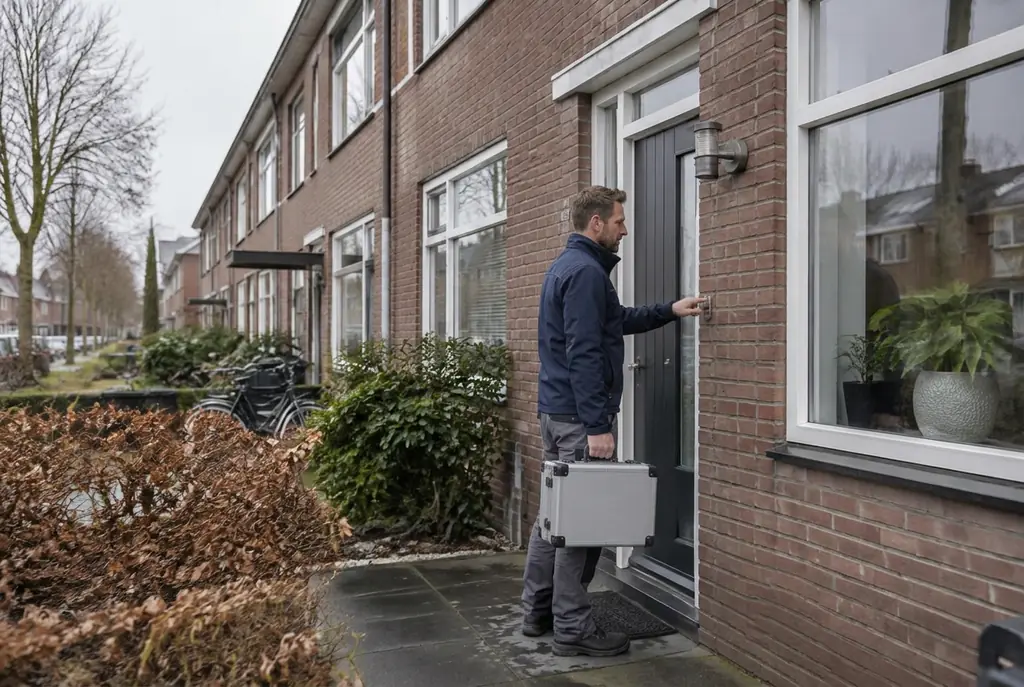 Lekdetectiespecialist met meetkoffer bij de voordeur van een woning in Nijverdal